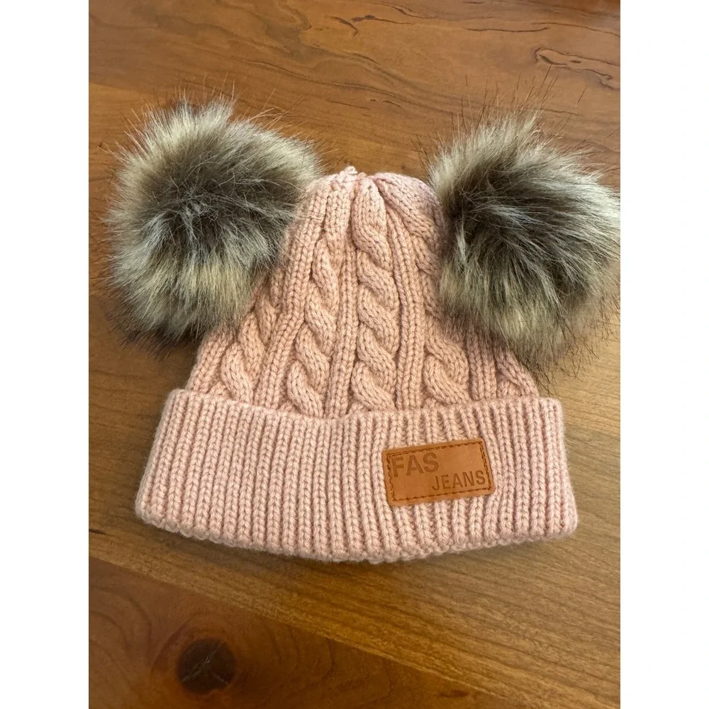 FAS JEANS Kids Double Pom Pom Beanie Pink Cable Knit Faux Fur Winter Hat